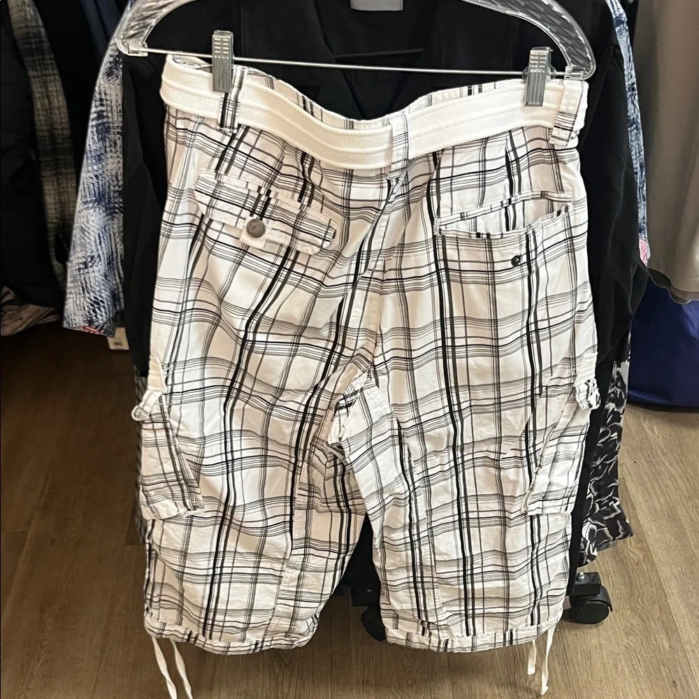 X-RAY White and Black Checkered Belted Cargo Shorts